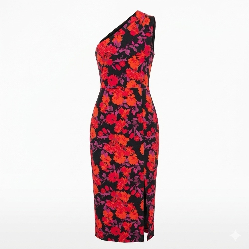 VESPER Floral One-Shoulder Midi Bodycon Dress 8 Feminine Date Night Romantic